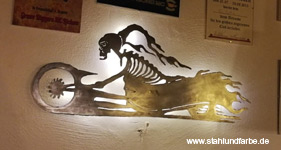 Metal wall picture flames skeleton biker, backlit, height 40cm x width 70cm.