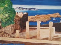 Restaurant Taverna The Greek in Suderburg, naturalistic oil painting Scene by the sea on canvas.