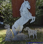 Garden stakes metal sheet rising horse Hannoveraner with hunting dogs.